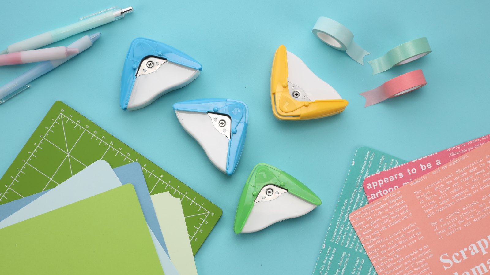 aidox 2-in-1 Corner Cutters on a desk with paper, washi tape and a cutting mat